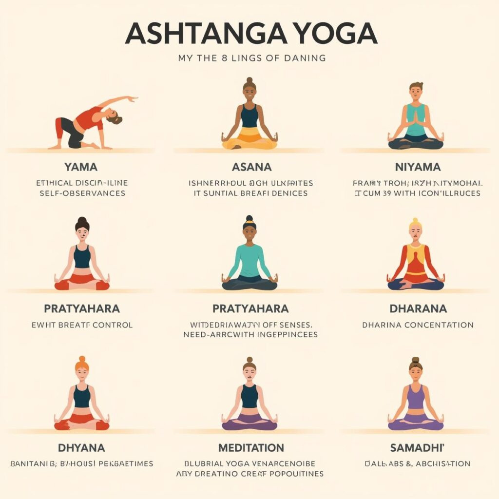 An illustrated infographic explaining the eight limbs of Ashtanga Yoga. It features people performing different yoga poses